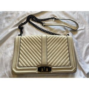 Rebecca Minkoff Chevron Leather Love Crossbody Bag Off White Ivory Quilted Chain